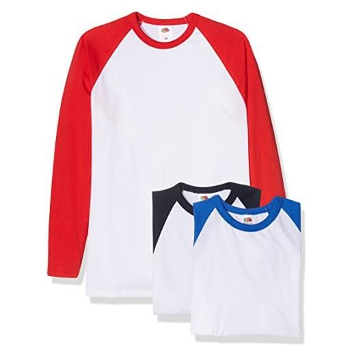 Fruit of the Loom baseball classic manica lunga t-shirt, bianco navy/bianco rosso/bianco blu royal, xl (pacco da 3) uomo