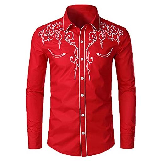 Bangqi elegante camicia western da cowboy da uomo ricamo slim fit casual camicia a maniche lunghe da uomo camicia da festa di nozze per uomo red m