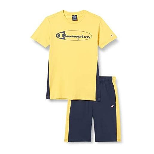 Champion legacy graphic shop contrast tape s/s t-shirt & shorts completo, (giallo ocra/blu marino), 9-10 anni bambini e ragazzi