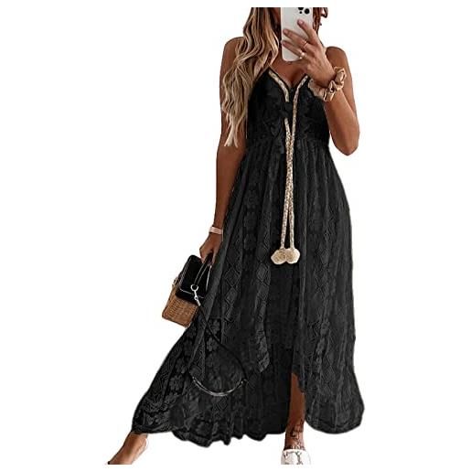 Cupshe, abito da donna bohémien in pizzo, svasato, con scollo a v, balze e nappe, adatto per la spiaggia, marrone, xl