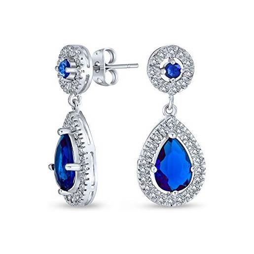 Bling Jewelry orecchini a goccia con pendente a forma di lacrima di zirconi cubici blu cz per donne per il ballo con zaffiro simulato in ottone placcato argento