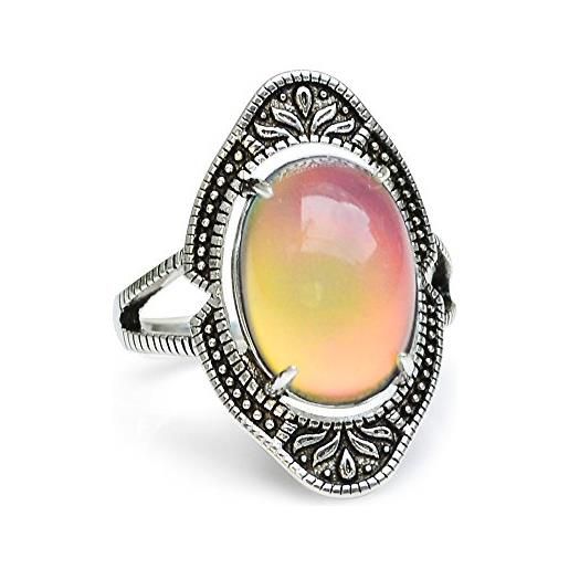 Fun Jewels - anello dell'umore con pietra ovale cambiacolore - vintage in ottone effetto argento anticato