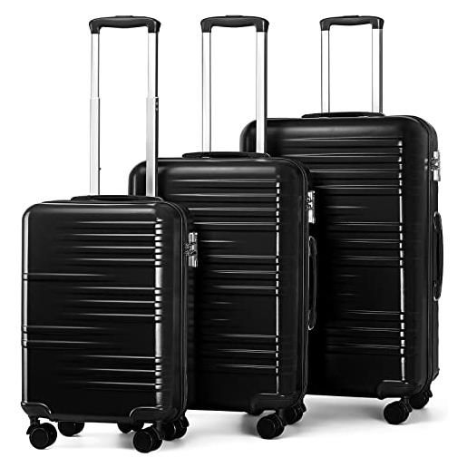 British Traveller set valigie da 3 pezzi valigia trolley rigida bagaglio a mano da viaggio abs+pc leggero con tsa lucchetto (s+m+l, nero)