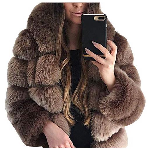 YAOTT donna casuale morbido giacca con cappuccio in pelliccia sintetica ecologica di volpe cappotto corto cardigan a manica lunga capispalla caldi e soffici top in pile caffè s