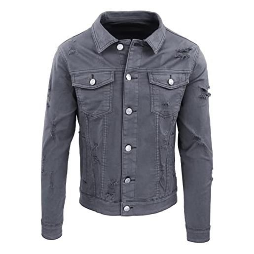 Evoga giubbotto di jeans uomo denim giacca giubbino slim fit con strappi (l, grigio)