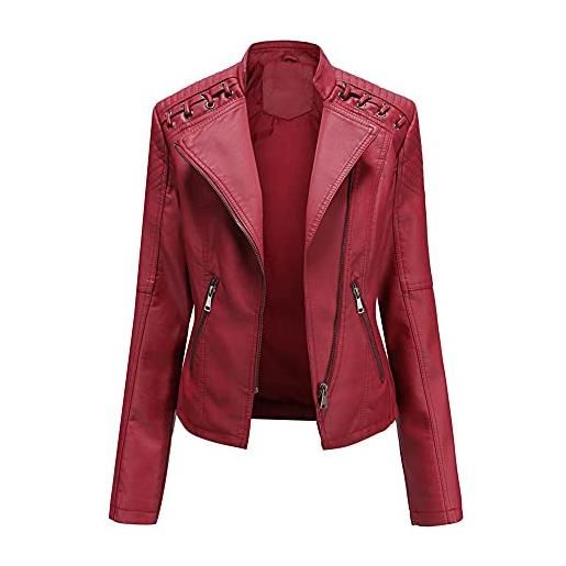 Geagodelia giacca donna elegante primaverile corta in pu similpelle con zip tasche laterali casual per moto (rosso, l)