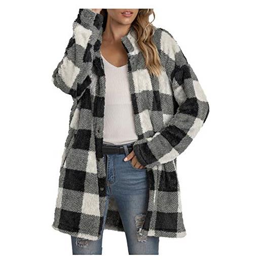 IQYU cappotto da donna a quadri, in pile, invernale, a maniche lunghe, elegante, caldo, invernale, per l'autunno, trench, grigio. , s