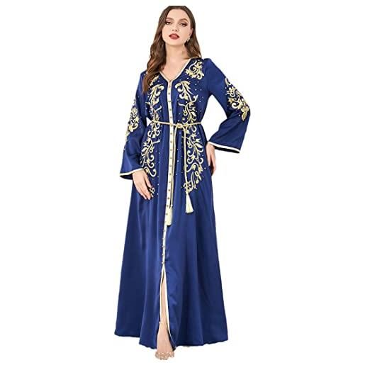 Adhdyuud abito da donna con scollo a v con scollo a v, stile arabo musulmano marocchino caftano musulmano, blu navy, l