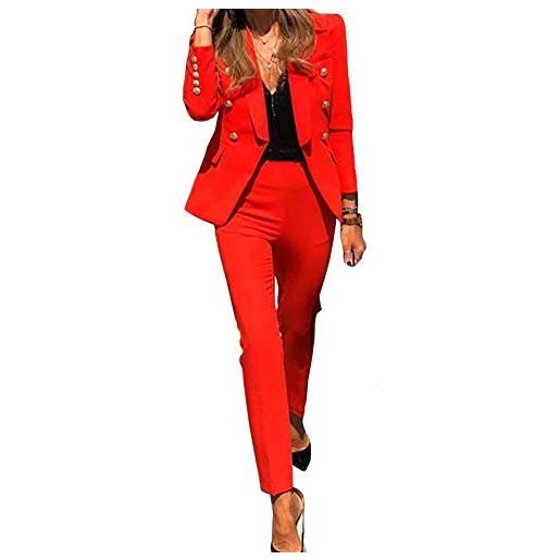 GUOCU tuta da donna a due pezzi tinta unita, completo da donna a maniche lunghe con pantaloni per ufficio e lavoro, elegante tailleur con pantaloni, blazer top giacche da abito+pantaloni da completo set rosso