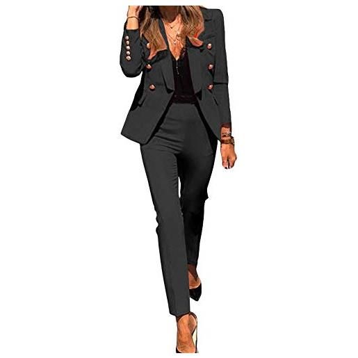 GUOCU tuta da donna a due pezzi tinta unita, completo da donna a maniche lunghe con pantaloni per ufficio e lavoro, elegante tailleur con pantaloni, blazer top giacche da abito+pantaloni da completo set nero s