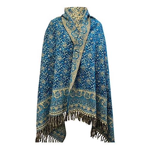 TIBET sciarpa invernale con stampa floreale e foglie, realizzata a mano, in lana di pura yak, scialle, coperta decorativa e di grandi dimensioni, colore: beige, blu, taglia unica