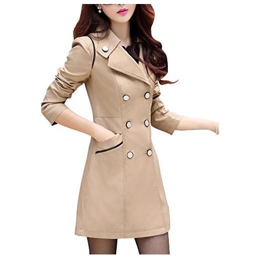 PengGeng donna tinta unita doppio petto sottile risvolto sezione lunga trench coat cappotto cachi l
