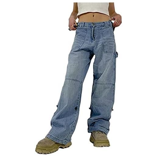BAZORO pantaloni cargo da donna, pantaloni cargo a vita bassa, jeans dritti e larghi, jeans vintage y2k, a blue. , xs