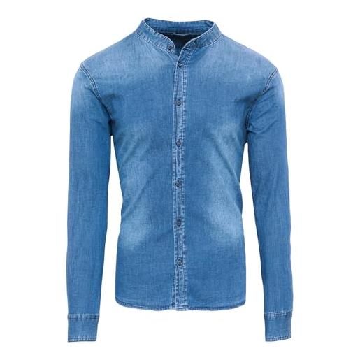 Evoga camicia di jeans uomo denim casual con collo alla coreana slim fit (l, c1 blu denim elasticizzata)