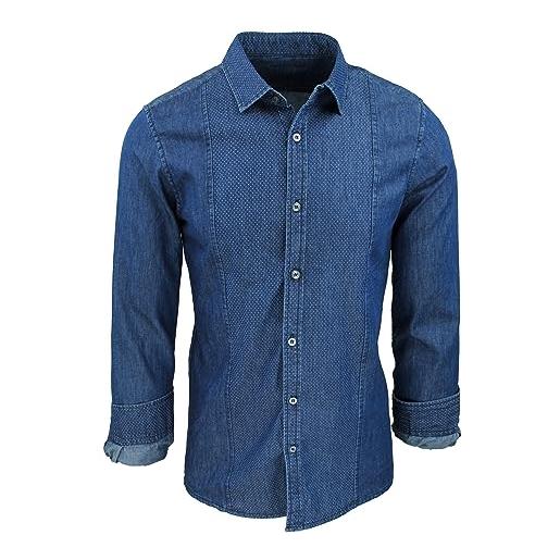 Evoga camicia di jeans uomo denim casual con collo alla coreana slim fit (xxl, blu scuro)