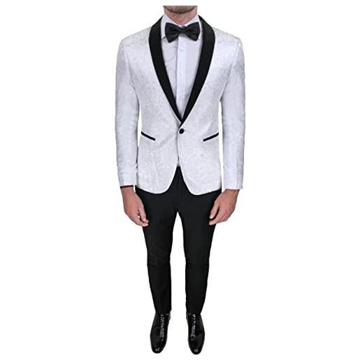 Evoga abito completo uomo sartoriale bianco raso damascato floreale slim fit vestito smoking elegante (54, bianco)