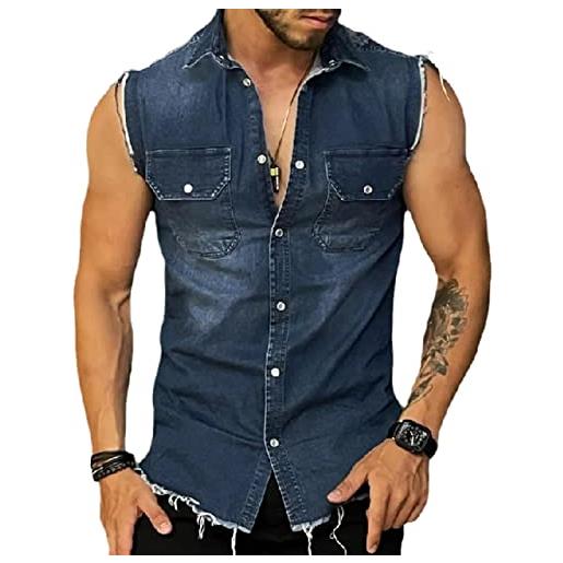 HanzhuoLG camicie di jeans hiphop senza maniche da uomo. Gilet in denim con risvolto slim fit tasca cargo colore2 m