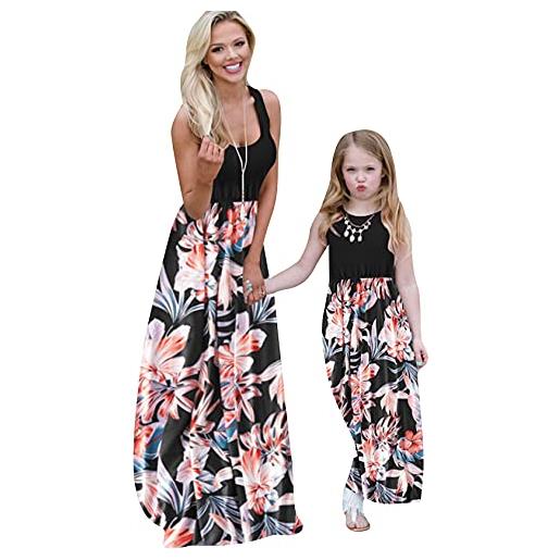EFOFEI abiti per madre e figlia set gilet con cuciture abito lungo abito da spiaggia a linea abito da sera fiori neri 5-6 anni