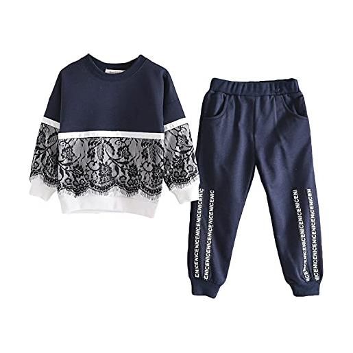 Verve Jelly bambini neonato neonato vestiti manica lunga pullover felpa camicia pizzo patchwork t-shirt top + pantaloni stampati con lettera blu 140 6-7 anni