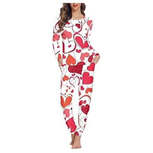 HUGS IDEA pigiama da donna, 2 pezzi, a maniche lunghe, con pantaloni elasticizzati, cuori d'amore rosso, s