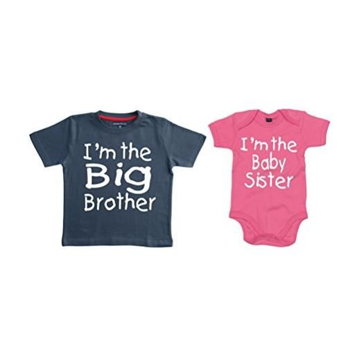 Edward Sinclair set di maglietta e body coordinati "i'm the big brother" e "i'm the baby sister" (lingua inglese) navy and bubblegum pink