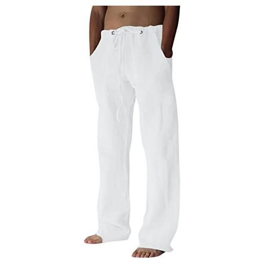 Generic pantaloni casual da uomo in cotone e lino in cotone, da spiaggia, yoga, boho, con tasche, elastico in vita, pantaloni da yoga a gamba larga, 0b-kaki, xxl