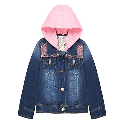 KIDSCOOL SPACE giacca di jeans da bambina rosa con cappuccio staccabile, giacca in denim ricamato con fiori strappati blu, blu, 9-10 anni