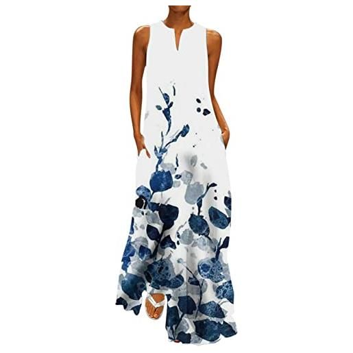 Xmiral vestito estivo donna senza maniche con stampa scollo a v maxi abito ampio boho beach tasche lunghe (xxl, 9bianco)