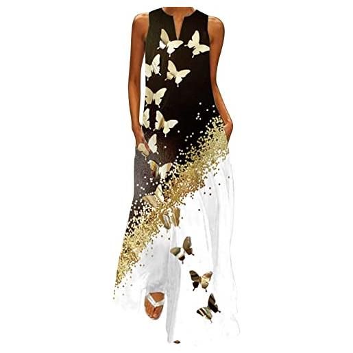 Xmiral vestito estivo donna senza maniche con stampa scollo a v maxi abito ampio boho beach tasche lunghe (xxl, 9bianco)