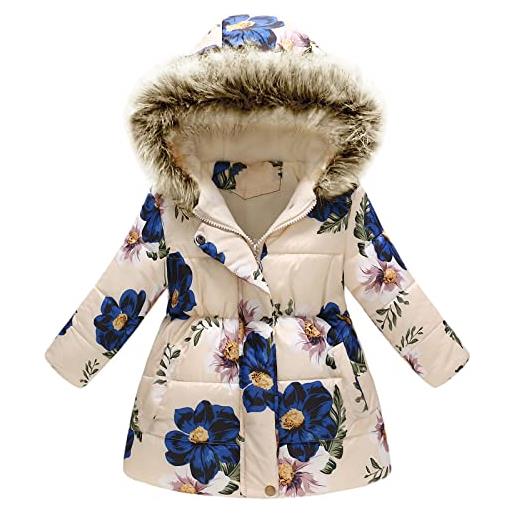 amropi cappotto bambini ragazze floreale giacca con cappuccio inverno giacche cappotti beige fiore, 8-9 anni