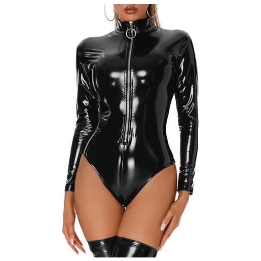 SEAUR donna tuta wetlook manica corta bodysuit in pelle elasticizzato catwoma costume clubwear catsuit aderente con cerniera nero 3xl