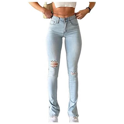Minetom pantaloni in denim da donna a vita alta y2k larghi elastico skinny jeans dritti patchwork a matita con tasche stile casual e moda o blu xs