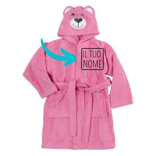 Baroni Home accappatoio da bambino e bambina con cappuccio a orsetto, 100% cotone, con tasche (0-2 anni, rosa personalizzabile)