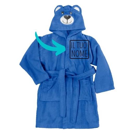Baroni Home accappatoio da bambino e bambina con cappuccio a orsetto, 100% cotone, con tasche (0-2 anni, blu personalizzabile)
