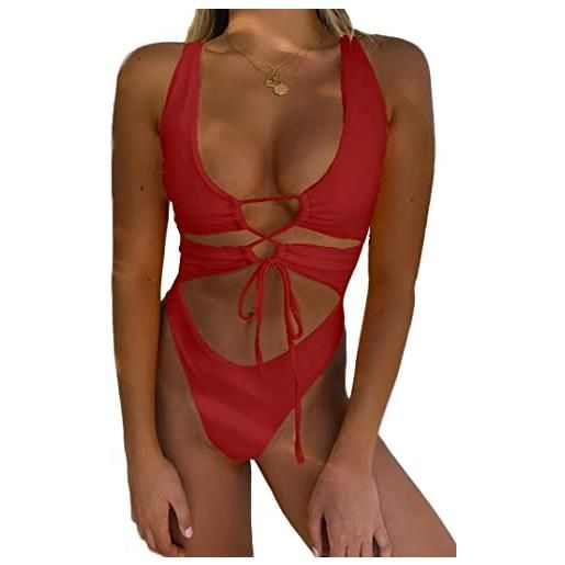 CHYRII donna sexy cutout lace up backless high cut one piece bathing suit monokini, celeste, l