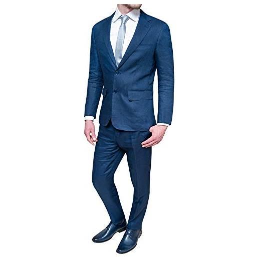 FB CLASS abito completo uomo in lino blu scuro estivo elegante formale cerimonia (58, blu scuro)