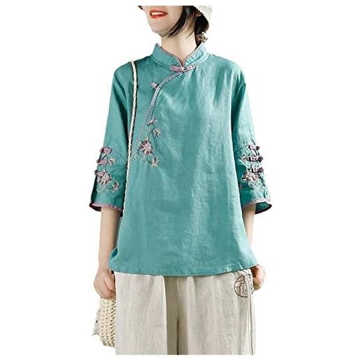 JXQXHCFS ricamo tradizionale cinese abbigliamento da donna tang hanfu camicia camicetta loose top vintage t-shirt, hy003, l