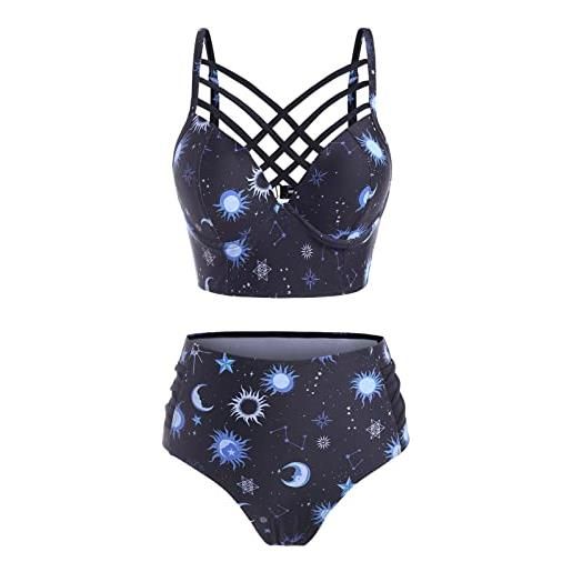 JMSUN summer - costume da bagno tankini da donna a vita alta con motivo sun star moon lattice, navy, s