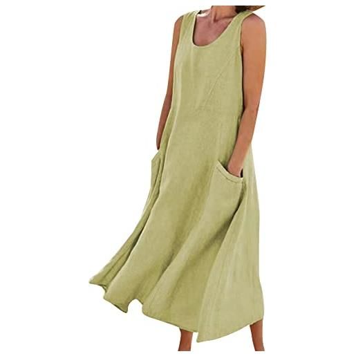 YMING donna abito senza maniche da in cotone e lino maxi abito da camicia a girocollo verde m