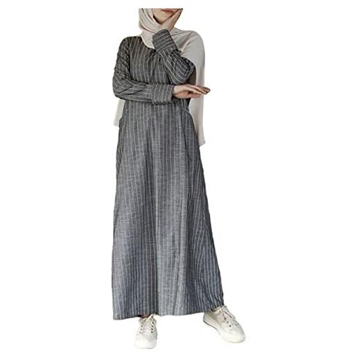 Generic abito da donna in cotone musulmano in lino a trapezio a maniche lunghe a righe abaya turchia hijab robe islamic kaftan con tasche, grigio, s-xl