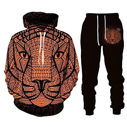 Amacigana felpa con cappuccio e pantaloni da uomo con stampa leone, maglione e pantaloni con coulisse, tuta da jogging, tuta sportiva (lion3,4xl)