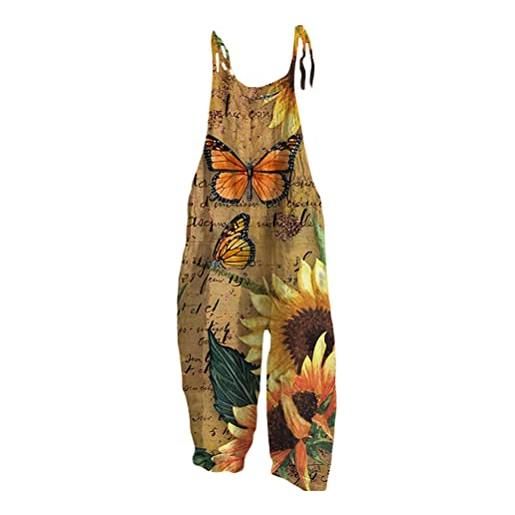 Onsoyours salopette estiva da donna con spalline regolabili pantaloni in lino casual senza maniche larga con fiori stile retrò elegante pantaloni complessivi a modello-3 3xl