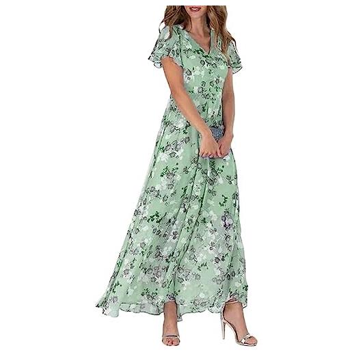 Yeooa abito estivo da donna in chiffon con scollo a v volant fiorellini maniche corte vita alta abito floreale da banchetto (verde, xl)