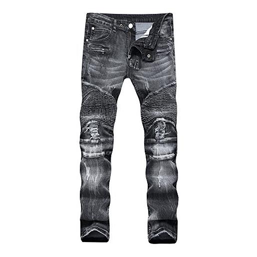 ShiFan uomo casuale distrutto jeans strappato destroyed denim sdrucito biker pantaloni nero grigio 38