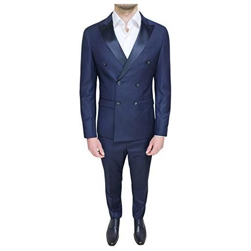 Class Sartoriale abito completo uomo raso doppio petto slim fit elegante cerimonia (54, blu)