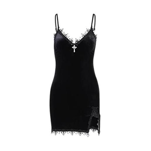 CABULE goth cross print slim camisole dress donne split stile gotico sexy abiti v-collo nero, m