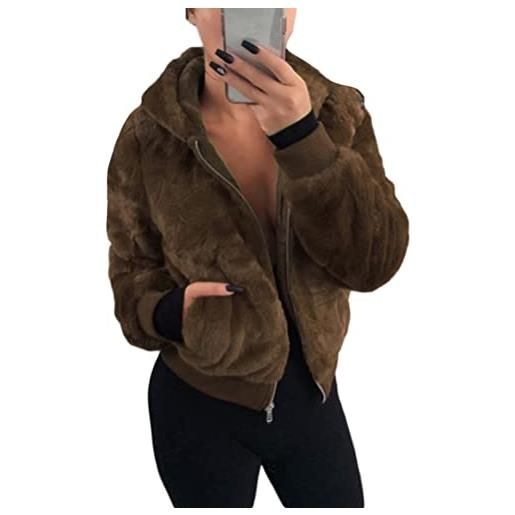 ORANDESIGNE giacca donna elegant corta giubbotto pelliccia interna cappotto in pile con cappuccio corto teddy bear casuale jacket outwear coat con tasca c marrone chiaro xl