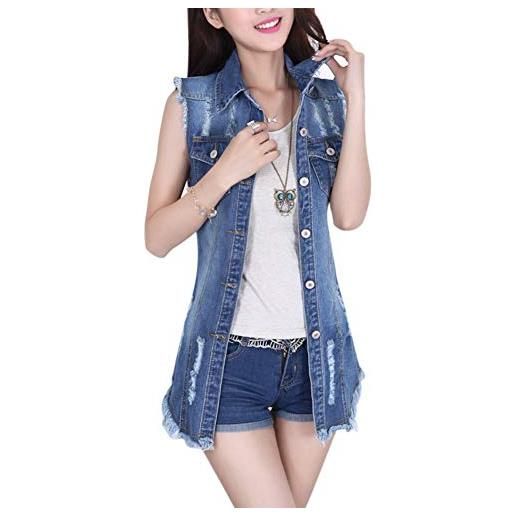 Huixin gilet jeans donna eleganti moda vintage casual vintage abbigliamento costume lunga gilet primaverile autunno smanicato bavero con tasche button jeans jacket giacca (color: blau, size: s)