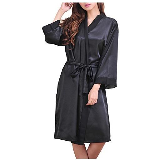 ECHERY donna kimono robe lungo accappatoio raso seta vestaglia estivo manica lunga pigiama camicie da notte sleepwear nero
