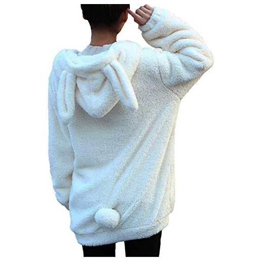 Seemehappy moda inverno caldo donne soffici felpe con cappuccio or bunny orecchie e coda zip felpa con cappuccio (white rabbit)